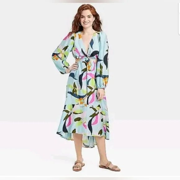 Women's Long Sleeve Twist Maxi Cut Out Dress - A New Day Blue Floral M